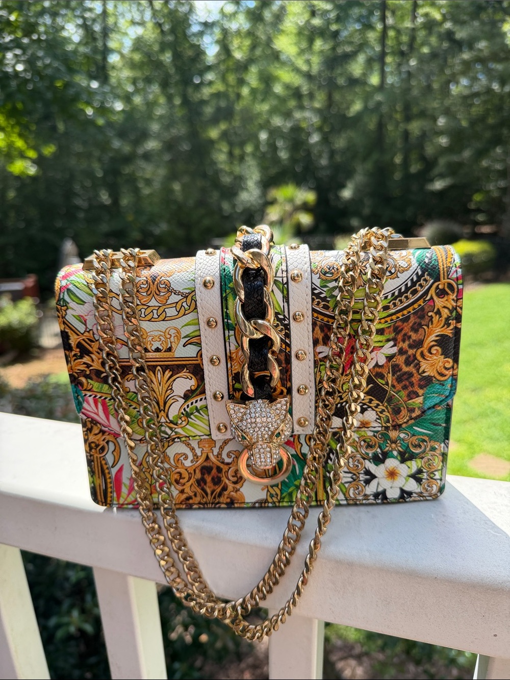 Floral Baroque Chain Shoulder Bag - Green/Multicolor
